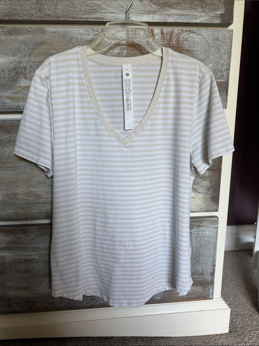 Lululemon Yellow & White Striped V-Neck Tee